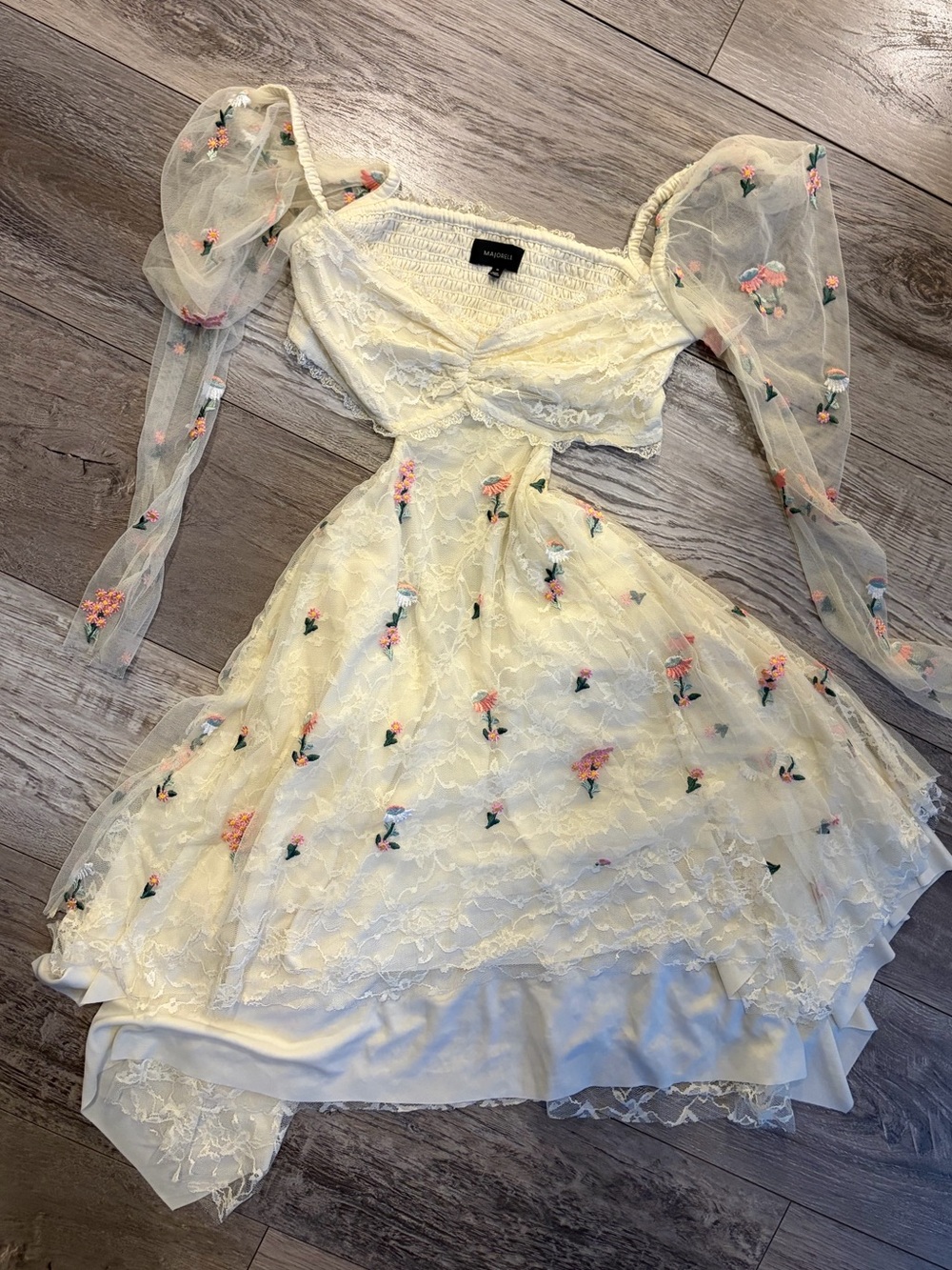 MAJORELLE Cream One-Shoulder Lace Dress with Pink Floral Embroidery